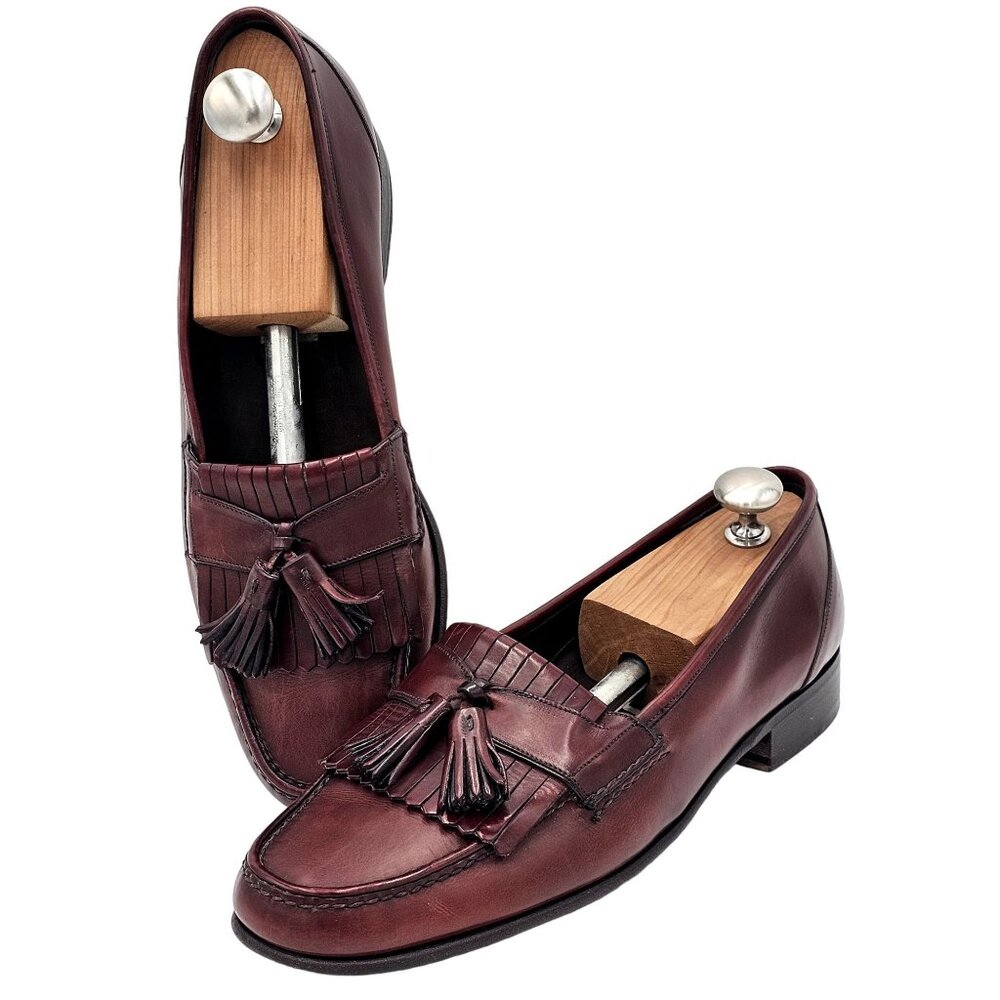 Vintage Bragano Cole Haan Italy 10.5 Burgundy Leather Dress Shoes Tassel Loafers - Picture 13 of 14